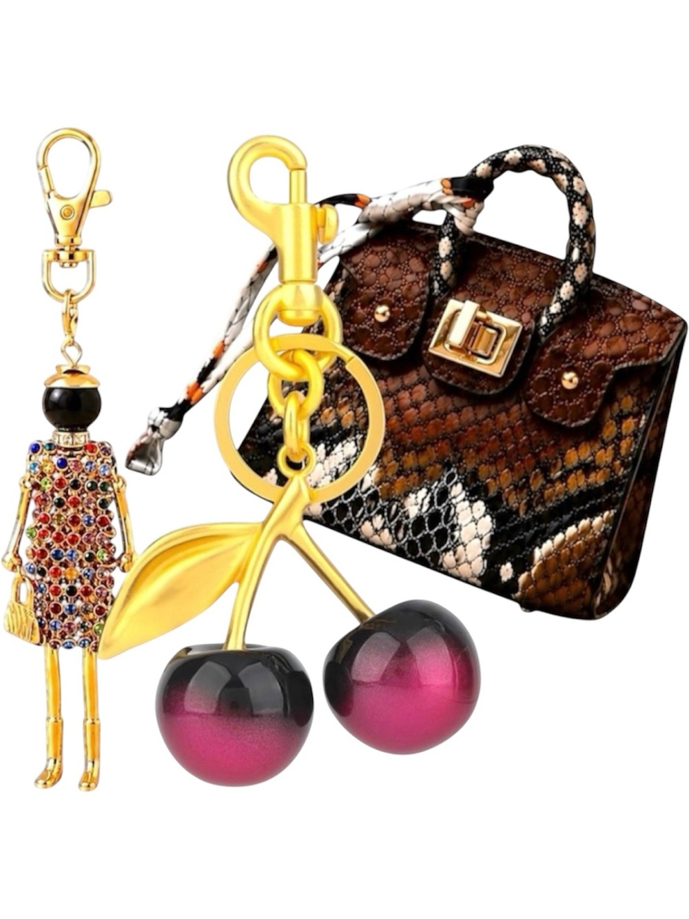 Bundle 3 Fashion Keychain Mini bag charm+doll keychain + black& pink cherry NWT
